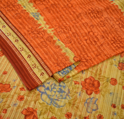 Indian Vintage Sari Orange & Beige Printed Saree 100% Pure Cotton Craft Fabric 5Yd Soft Sewing Sarong Wrap Floral Upcycle Crafting Quilting