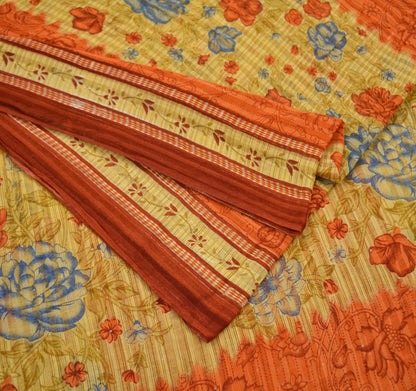 Indian Vintage Sari Orange & Beige Printed Saree 100% Pure Cotton Craft Fabric 5Yd Soft Sewing Sarong Wrap Floral Upcycle Crafting Quilting