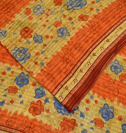 Indian Vintage Sari Orange & Beige Printed Saree 100% Pure Cotton Craft Fabric 5Yd Soft Sewing Sarong Wrap Floral Upcycle Crafting Quilting