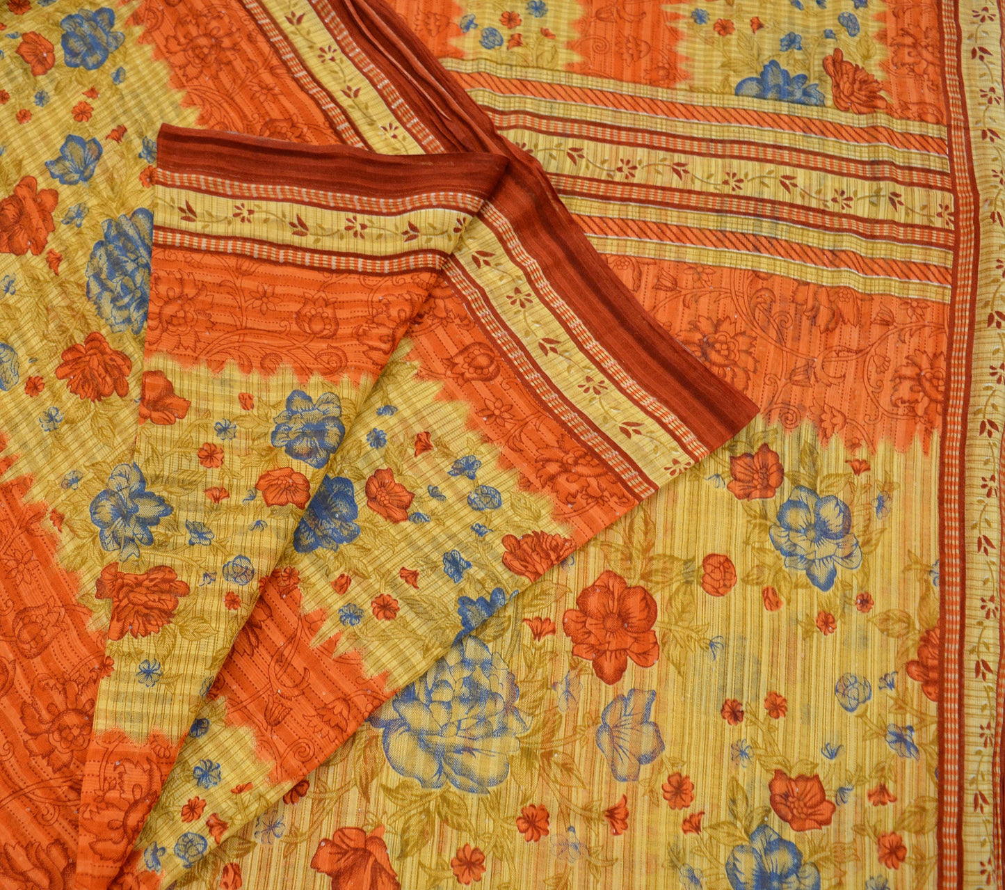 Indian Vintage Sari Orange & Beige Printed Saree 100% Pure Cotton Craft Fabric 5Yd Soft Sewing Sarong Wrap Floral Upcycle Crafting Quilting