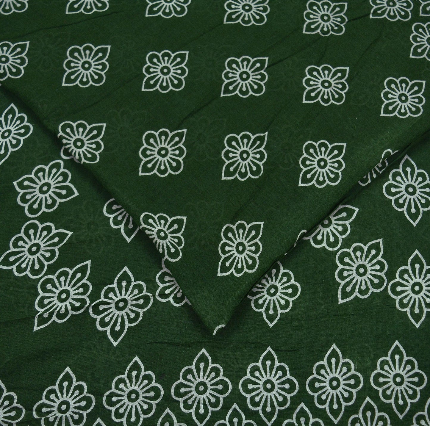 Indian Vintage Sari Green & White Printed Pure Cotton Sarees Craft Fabric 5Yd Soft Sewing Sarong Wrap Boho Floral Quilting Crafting Upcycle