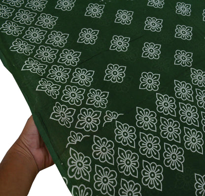 Indian Vintage Sari Green & White Printed Pure Cotton Sarees Craft Fabric 5Yd Soft Sewing Sarong Wrap Boho Floral Quilting Crafting Upcycle