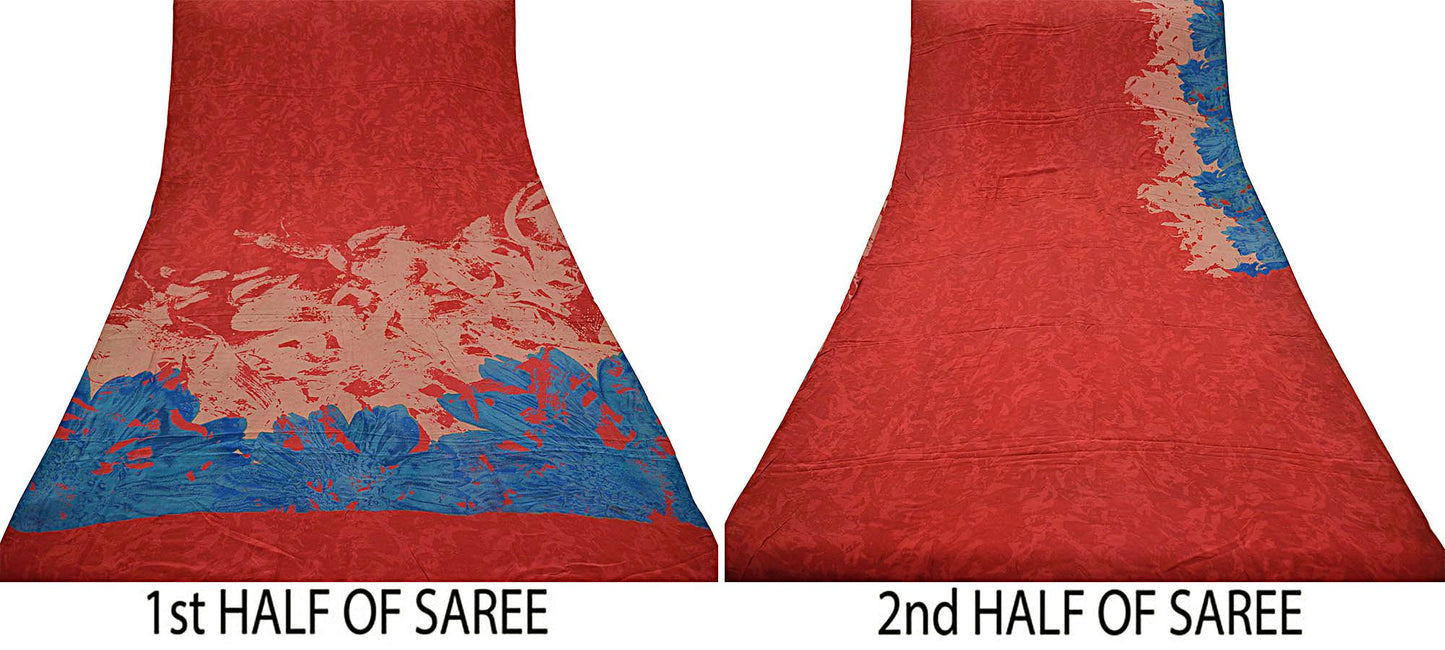 Indian Vintage Red & Blue Saree Pure Crepe Silk Printed Indian Sari 5yd Sewing Abstract Soft Craft Fabric Wrap Dress making Upcycle Quilting