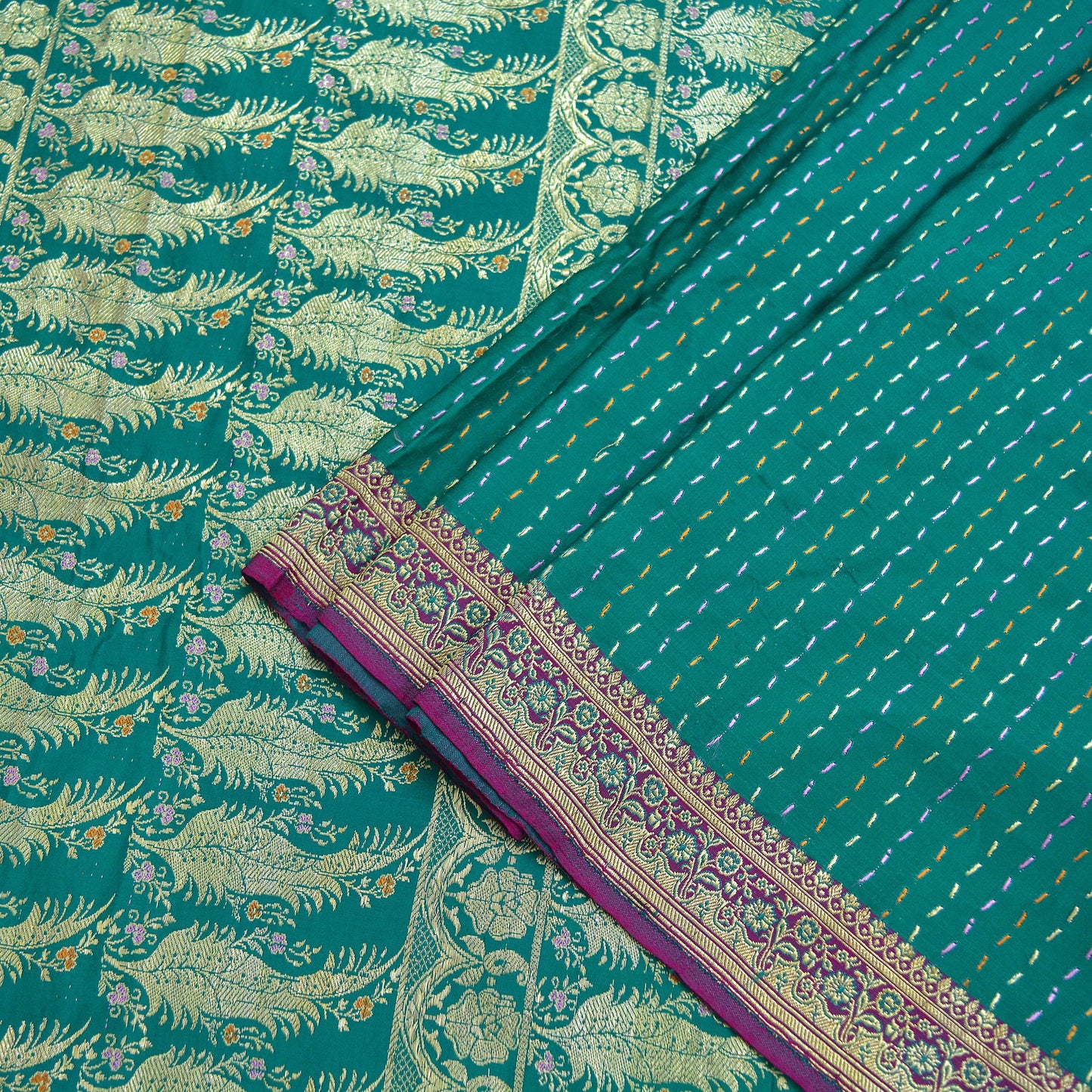 Indian Vintage Sari Heavy Wedding Green Pure Satin Silk Woven Brocade Banarasi Sarees Zari 5Yd Craft Fabric Dress Making Sewing Quilting