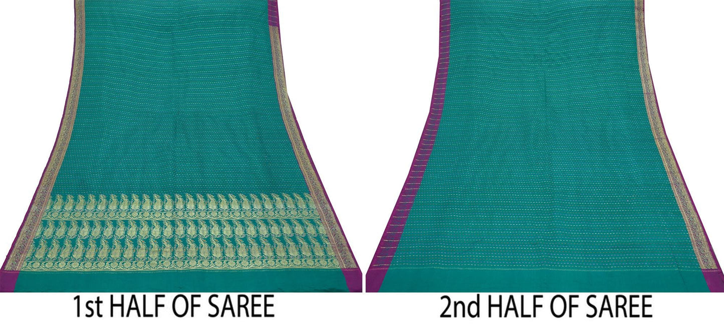 Indian Vintage Sari Heavy Wedding Green Pure Satin Silk Woven Brocade Banarasi Sarees Zari 5Yd Craft Fabric Dress Making Sewing Quilting