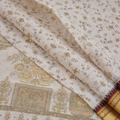 Indian Vintage Sari Ivory Cotton block Printed Sarees 5Yd Craft Fabric Soft Sewing Sarong Wrap Boho Upcycle Crafting Quilting