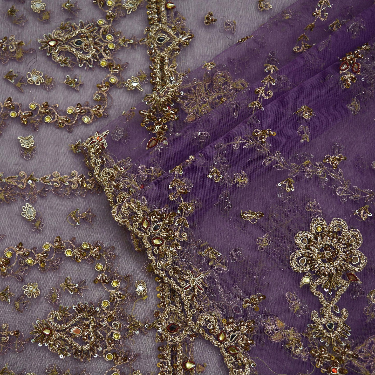 Indian Vintage Heavy Bridal Dupatta Purple Net Mesh Long Stole Hand Embroidered Scarves Golden Zardozi Dabka Zari Wedding Veil Hijab