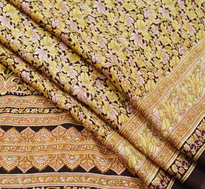 Indian Vintage Sari Brown Printed 100% Pure Silk Sarees 6yd Sewing Craft Fabric Soft Dress Making Wrap Floral Upcycle Quilting Crafting Used