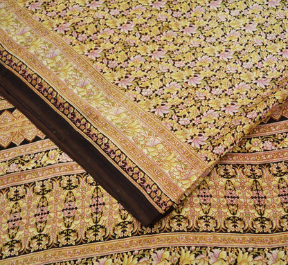 Indian Vintage Sari Brown Printed 100% Pure Silk Sarees 6yd Sewing Craft Fabric Soft Dress Making Wrap Floral Upcycle Quilting Crafting Used