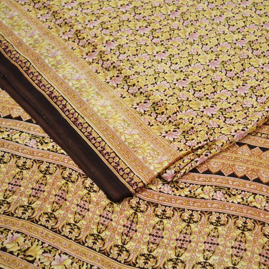 Indian Vintage Sari Brown Printed 100% Pure Silk Sarees 6yd Sewing Craft Fabric Soft Dress Making Wrap Floral Upcycle Quilting Crafting Used