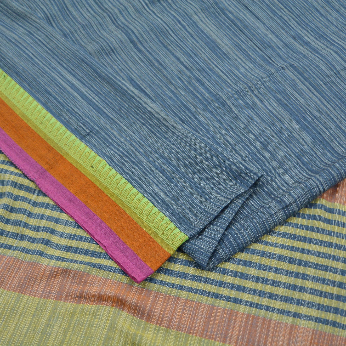 Indian Vintage Sari Gray Pure Cotton Hand Woven Sarees Craft Fabric 5Yd Soft Stripes Fringes Sewing Sarong Dress Making Quilting Crafting