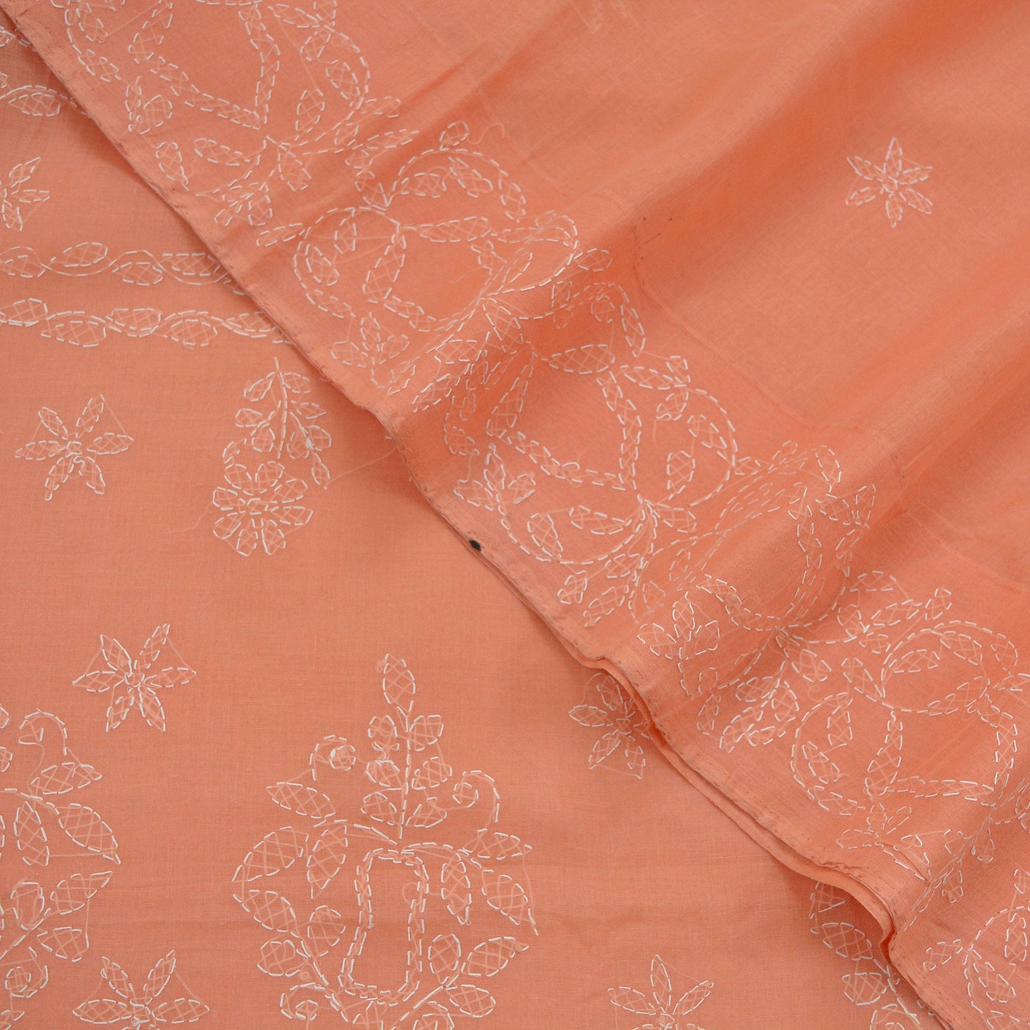 Indian Vintage Sari Cotton Orange Handmade Chikankari Saree Craft Fabric 5Yd Ethnic Floral Dress making Crafting Quilting Upcycle Sarong