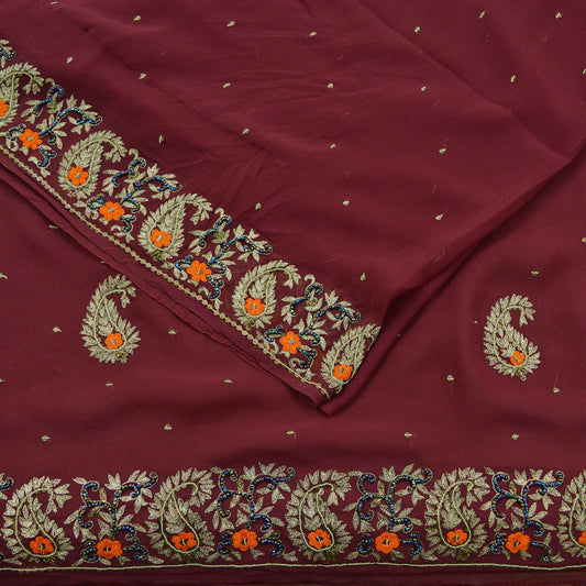 Indian Vintage Sari Maroon Hand Embroidered Pure Georgette Silk Sarees Craft Fabric 5Yd Sequins Wedding Sarees Quilting Crafting Upcycle