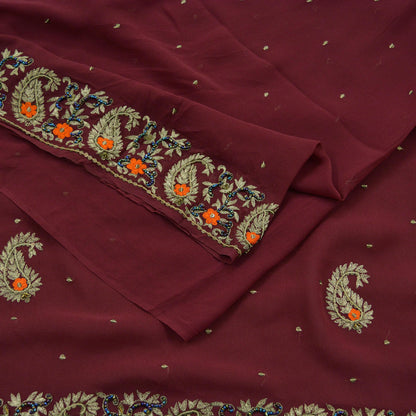 Indian Vintage Sari Maroon Hand Embroidered Pure Georgette Silk Sarees Craft Fabric 5Yd Sequins Wedding Sarees Quilting Crafting Upcycle