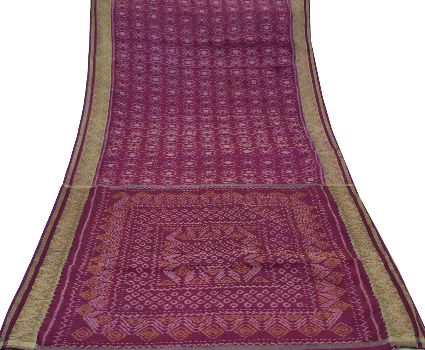 Indian Vintage Sari Maroon Hand woven Sambalpuri Ikat Saree Pure Silk Craft Fabric 5Yd Ethnic Chackra Zari Border