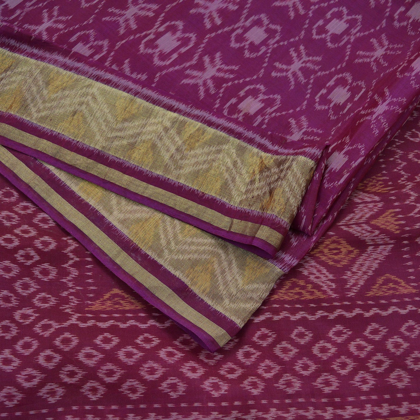 Indian Vintage Sari Maroon Hand woven Sambalpuri Ikat Saree Pure Silk Craft Fabric 5Yd Ethnic Chackra Zari Border