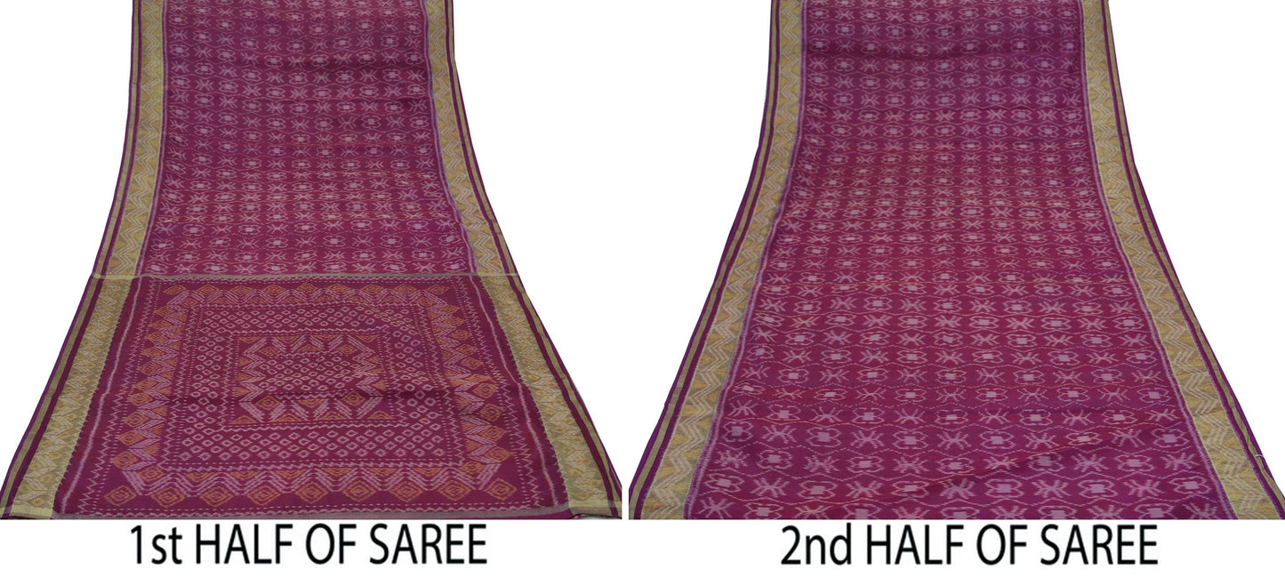 Indian Vintage Sari Maroon Hand woven Sambalpuri Ikat Saree Pure Silk Craft Fabric 5Yd Ethnic Chackra Zari Border