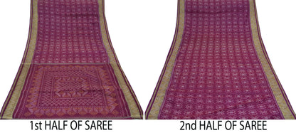 Indian Vintage Sari Maroon Hand woven Sambalpuri Ikat Saree Pure Silk Craft Fabric 5Yd Ethnic Chackra Zari Border