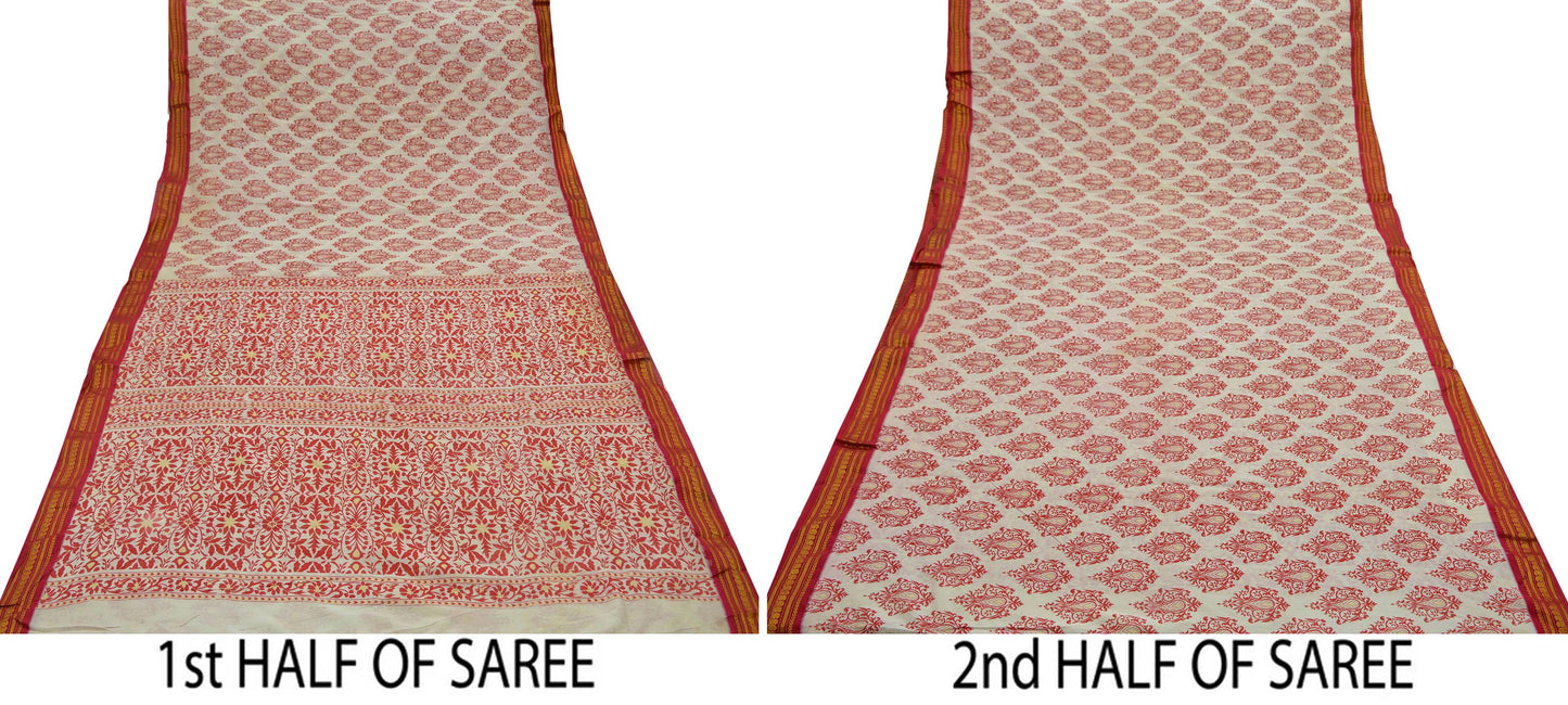 Indian Vintage Sari Red & White 100% Pure Silk Hand Woven Printed Sarees Craft Fabric 5yd Sewing Soft Dress Designing Crafting Zari Border