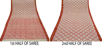 Indian Vintage Sari Red & White 100% Pure Silk Hand Woven Printed Sarees Craft Fabric 5yd Sewing Soft Dress Designing Crafting Zari Border