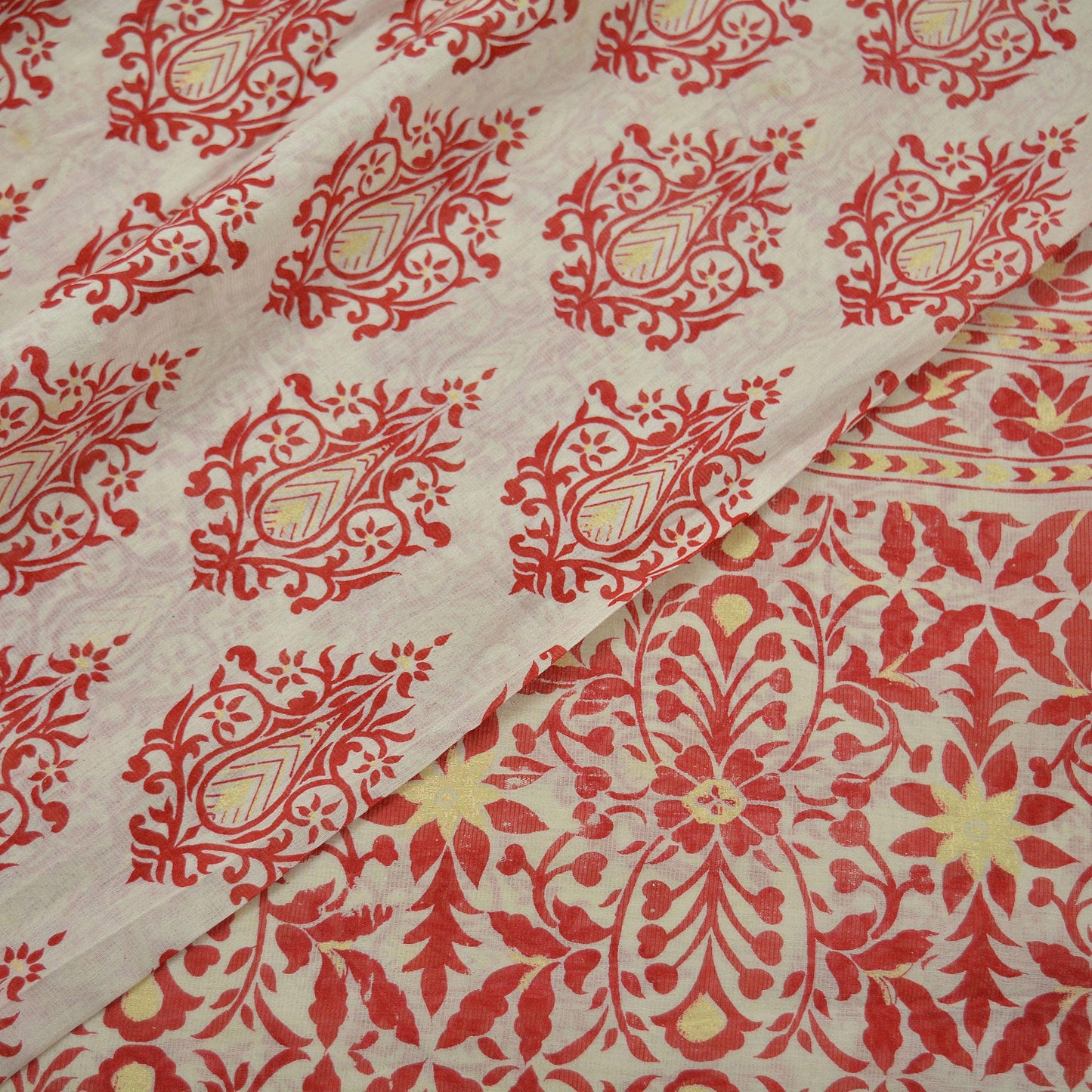 Indian Vintage Sari Red & White 100% Pure Silk Hand Woven Printed Sarees Craft Fabric 5yd Sewing Soft Dress Designing Crafting Zari Border