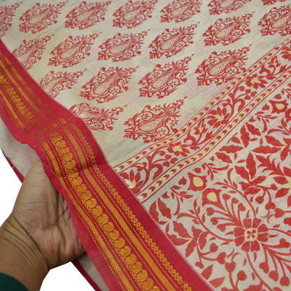Indian Vintage Sari Red & White 100% Pure Silk Hand Woven Printed Sarees Craft Fabric 5yd Sewing Soft Dress Designing Crafting Zari Border