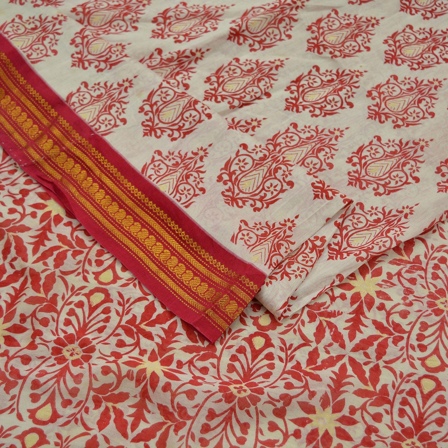 Indian Vintage Sari Red & White 100% Pure Silk Hand Woven Printed Sarees Craft Fabric 5yd Sewing Soft Dress Designing Crafting Zari Border