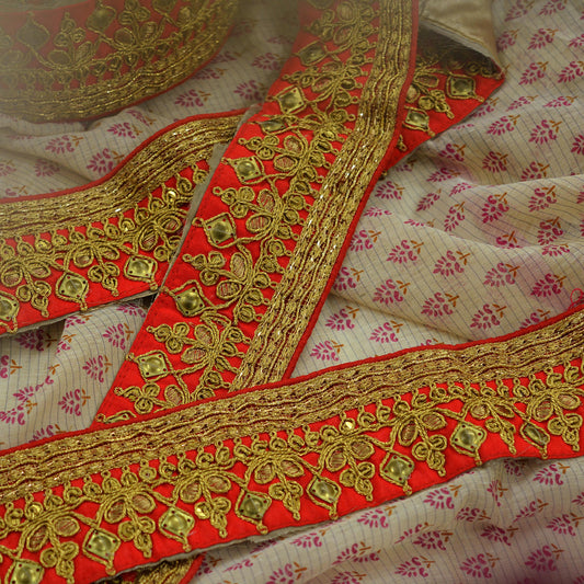 Indian Vintage Red Sari Border Hand Embroidered Craft Trim Lace Sewing Sari Ribbon Zari Golden Dori Decor Crafting Quilting Dress Making