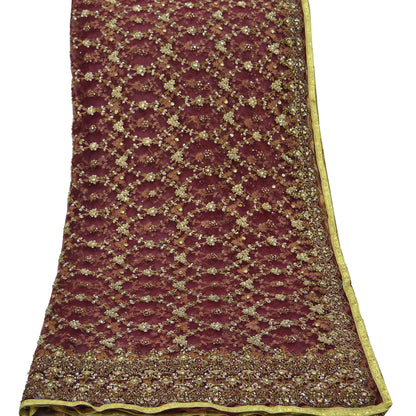 Indian Vintage Heavy Wedding Maroon Dupatta Net Mesh Long Stole Hand Embroidered Scarves Golden Zardozi Zari Sequins Dridal Veil Hijab