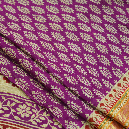 Indian Vintage Sari Beige & Purple Pure Cotton Printed Sarees Craft Fabric Soft 5Yd Sarong Wrap Boho Fabric Kimono Quilting Crafting Upcycle