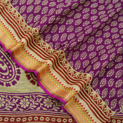 Indian Vintage Sari Beige & Purple Pure Cotton Printed Sarees Craft Fabric Soft 5Yd Sarong Wrap Boho Fabric Kimono Quilting Crafting Upcycle