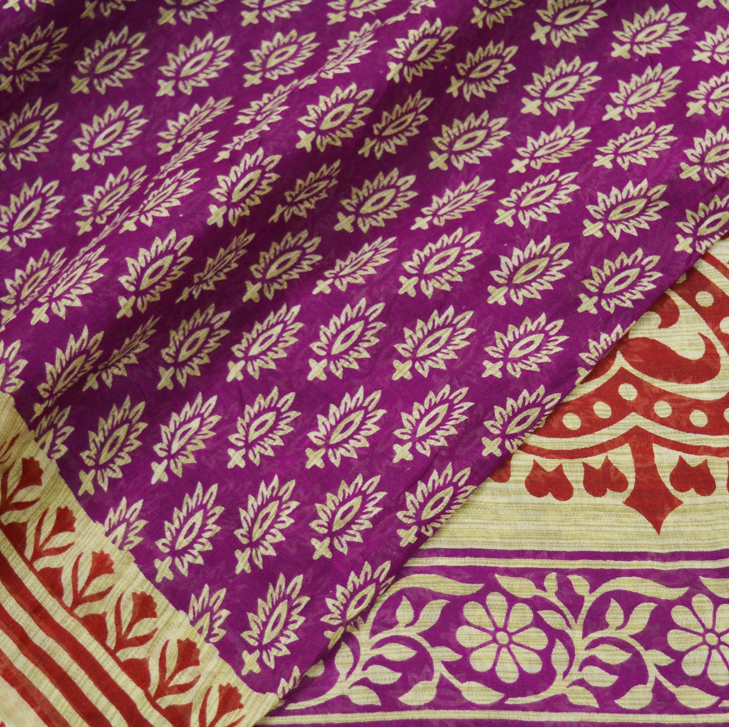 Indian Vintage Sari Beige & Purple Pure Cotton Printed Sarees Craft Fabric Soft 5Yd Sarong Wrap Boho Fabric Kimono Quilting Crafting Upcycle