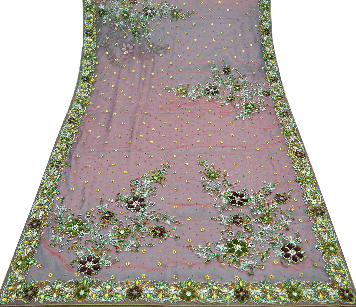 Indian Vintage Wedding Sari Pink & Purple Organza hand Embroidered Saree Fabric 5Yd Sewing Ethnic Zari Bollywood sarees Dress making