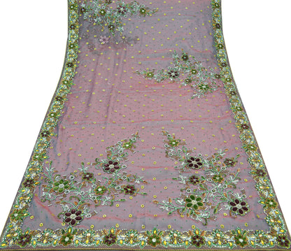 Indian Vintage Wedding Sari Pink & Purple Organza hand Embroidered Saree Fabric 5Yd Sewing Ethnic Zari Bollywood sarees Dress making