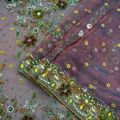 Indian Vintage Wedding Sari Pink & Purple Organza hand Embroidered Saree Fabric 5Yd Sewing Ethnic Zari Bollywood sarees Dress making