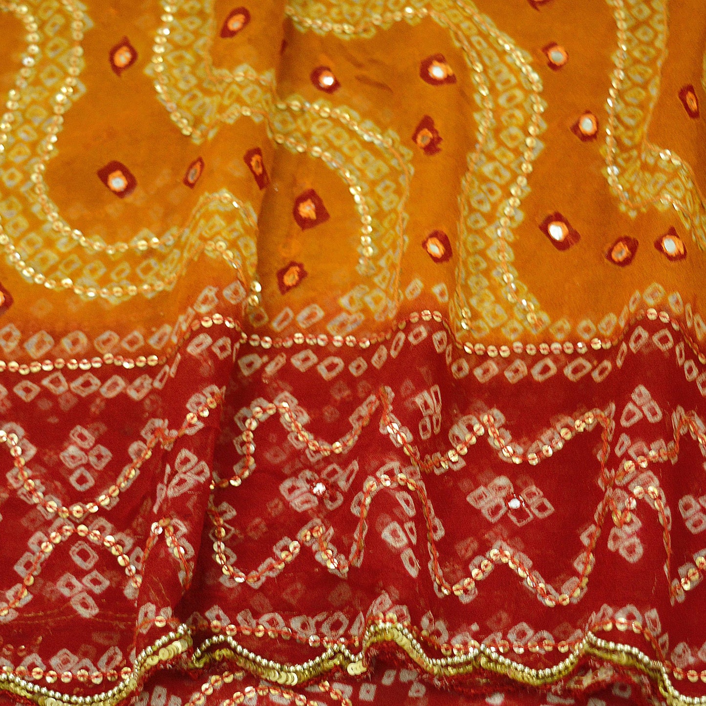 Indian Vintage Saffron & Red Dupatta Pure Georgette Silk Hand Embroidered Bandhani Veil Scarves Soft Sequins Glass Beaded