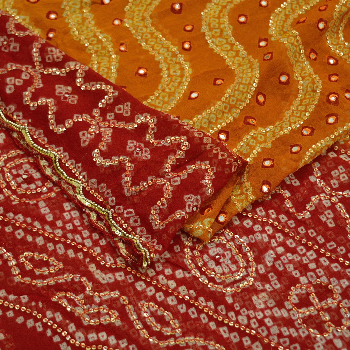 Indian Vintage Saffron & Red Dupatta Pure Georgette Silk Hand Embroidered Bandhani Veil Scarves Soft Sequins Glass Beaded