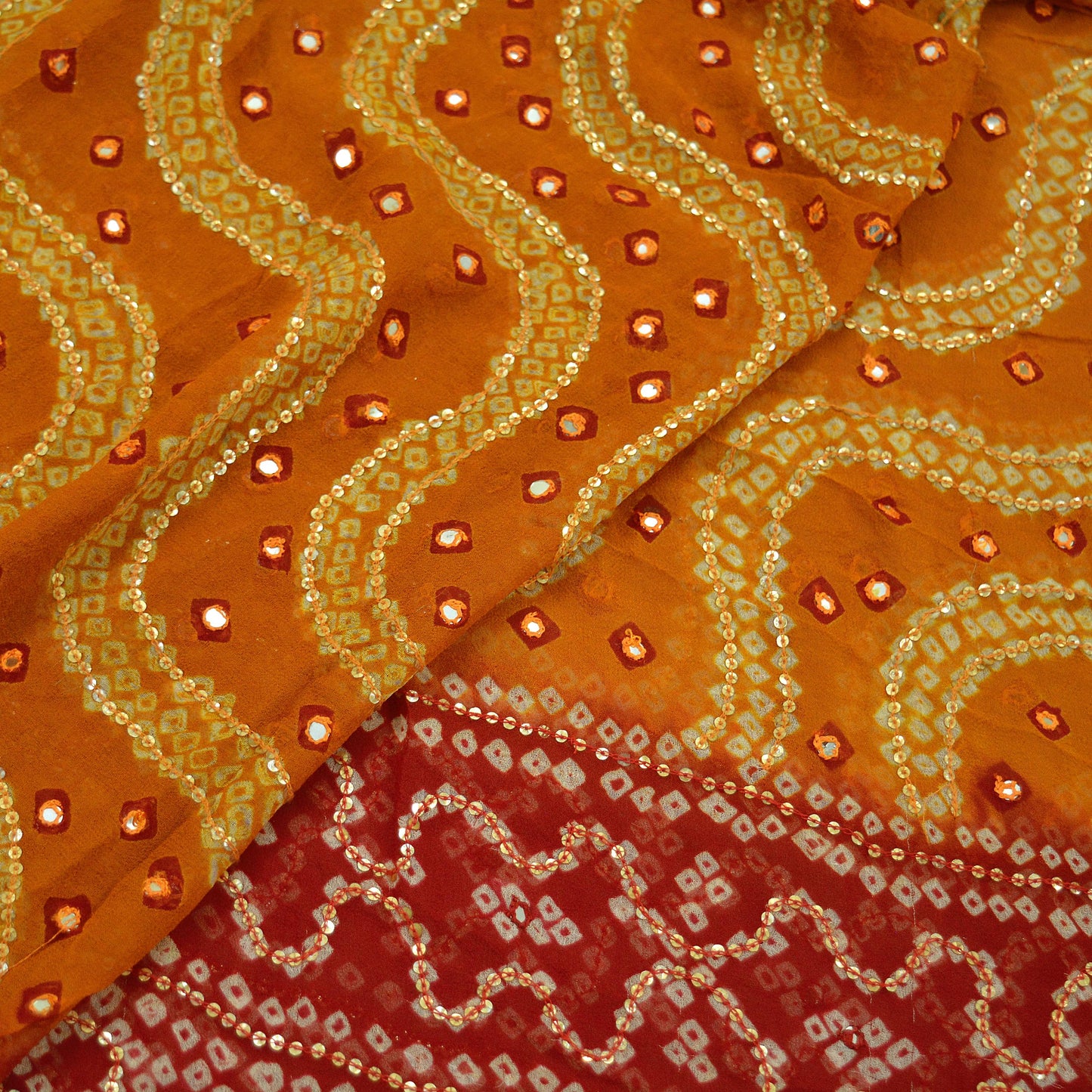 Indian Vintage Saffron & Red Dupatta Pure Georgette Silk Hand Embroidered Bandhani Veil Scarves Soft Sequins Glass Beaded