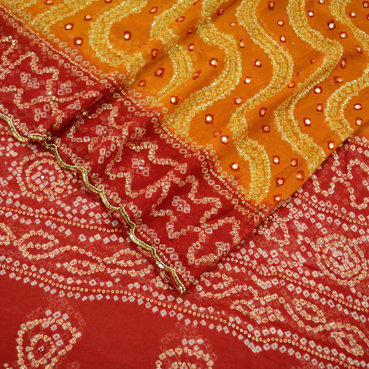 Indian Vintage Saffron & Red Dupatta Pure Georgette Silk Hand Embroidered Bandhani Veil Scarves Soft Sequins Glass Beaded