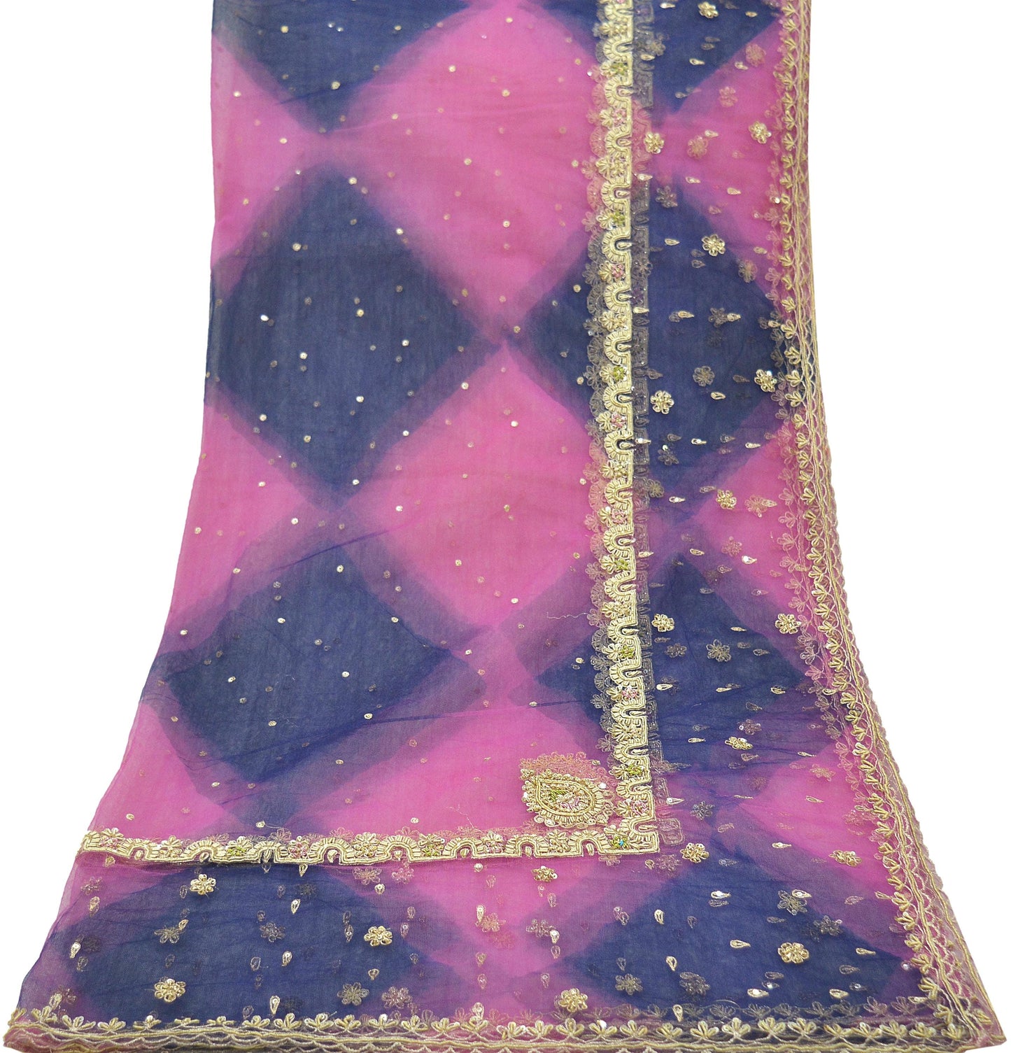 Indian Vintage Pink & Blue Dupatta Net Mesh Long Stole Hand Embroidered Scarves Golden Zardozi Zari Sequins Veil Hijab Scarf