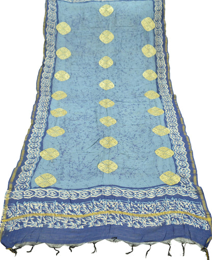 Indian Vintage Blue & Gray Dupatta Long Stole Block Print Pure Chanderi Silk Indian Scarves Veil Golden Zari Wrpa Hijab Fringes