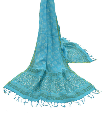 Indian Vintage Blue Dupatta Long Stole Hand Painted Hijab Blend Cotton Scarves Veil Soft