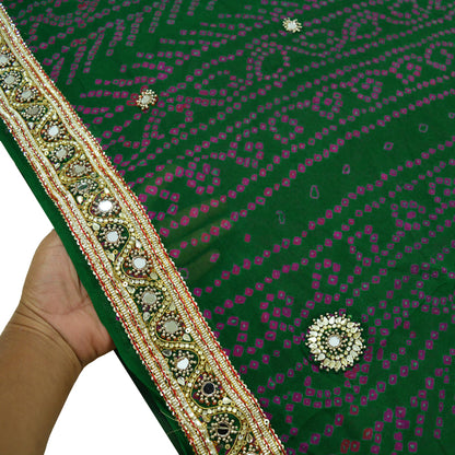 Indian Vintage Green Saree Pure Silk Hand Embroidered Bandhani Printed Sari Indian Sari Fabric 5yard Soft Zardozi Craft Fabric Soft