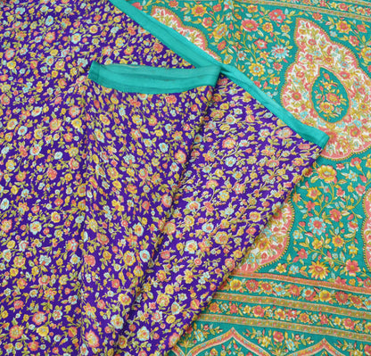 Indian Vintage Sari Purple & Green Printed Pure Silk Sarees 6yd Sewing Craft Fabric Soft Dress Making Floral Upcycle Crafting Quilting Used