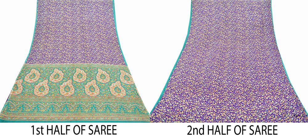 Indian Vintage Sari Purple & Green Printed Pure Silk Sarees 6yd Sewing Craft Fabric Soft Dress Making Floral Upcycle Crafting Quilting Used