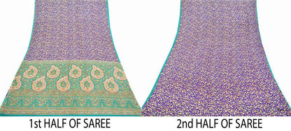 Indian Vintage Sari Purple & Green Printed Pure Silk Sarees 6yd Sewing Craft Fabric Soft Dress Making Floral Upcycle Crafting Quilting Used