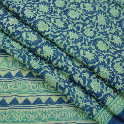 Indian Vintage Sari Blue  & Ivory Printed Pure Cotton Sarees Craft Fabric 5Yd Soft Sewing Sarong Wrap Boho Floral Quilting Crafting Upcycle