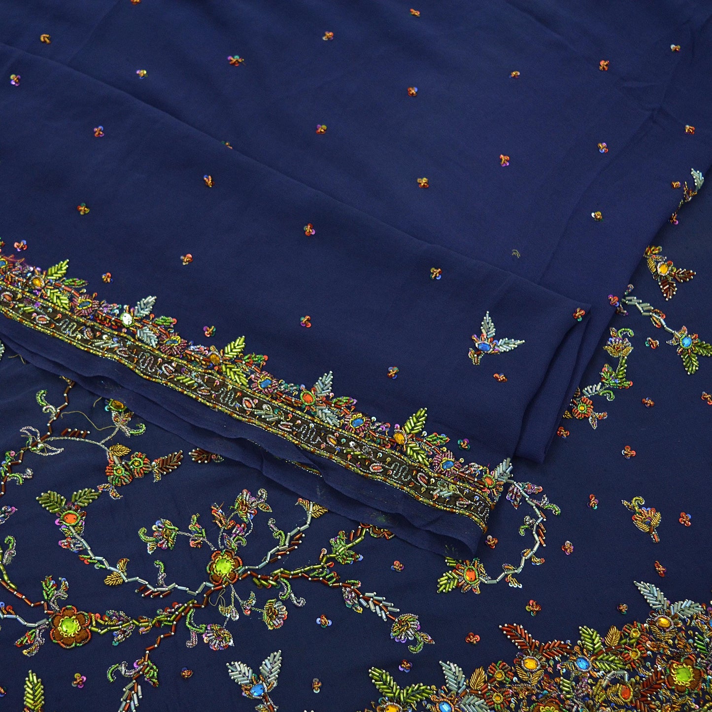 Indian Vintage Heavy Sarees Navy Blue Pure Georgette Silk Hand Embroidered Sari Fabric 5Yd Sewing Ethnic Zardozi/dabka zari Wedding sarees