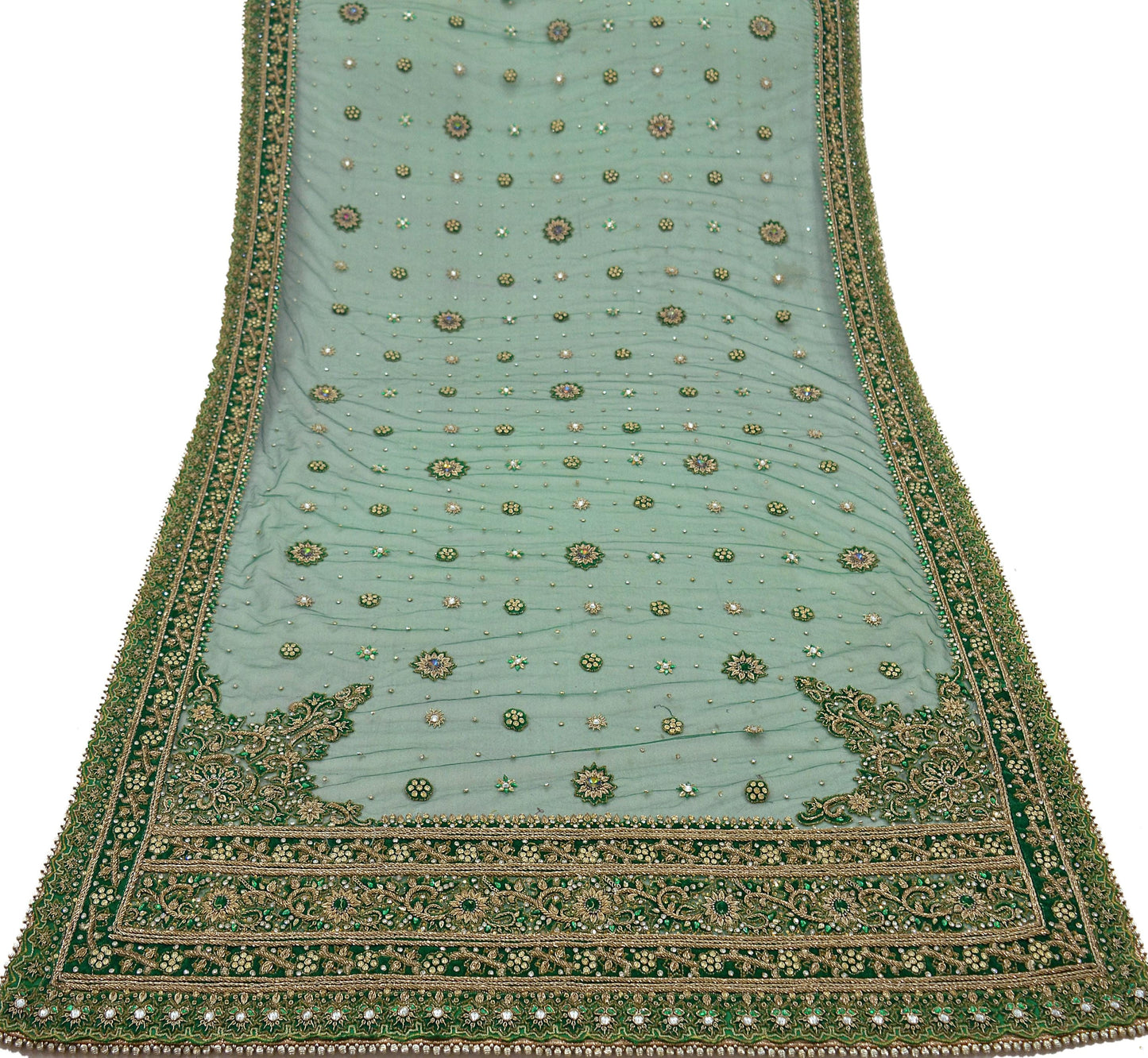 Indian Vintage Heavy Bridal Green Dupatta Net Mesh Long Stole Hand Embroidered Scarf Zardozi Zari Sequins Wedding Stole Veil hijab