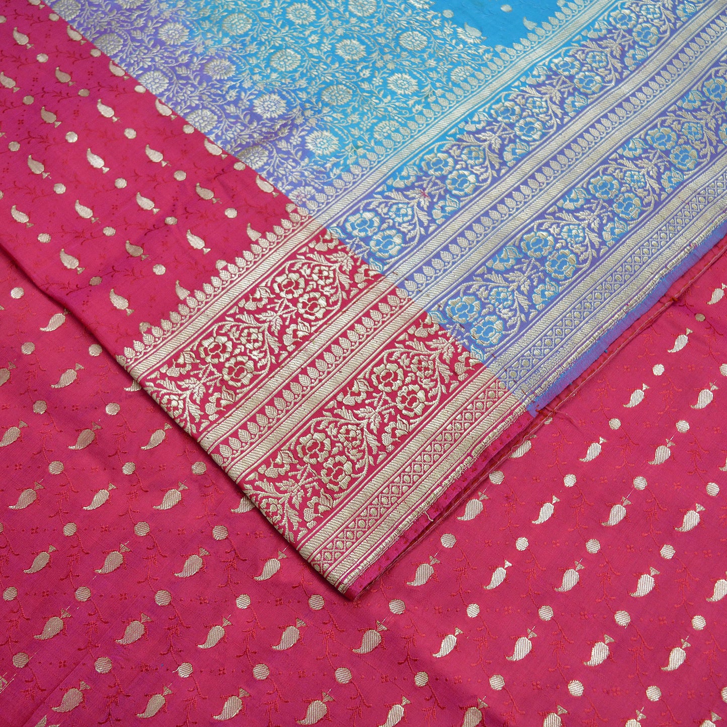 Indian Vintage Heavy Sari Pink & Blue Pure Satin Silk Woven Brocade Banarasi Sarees Zari 5Yd Ethnic Craft Fabric Dress Making Upcycle